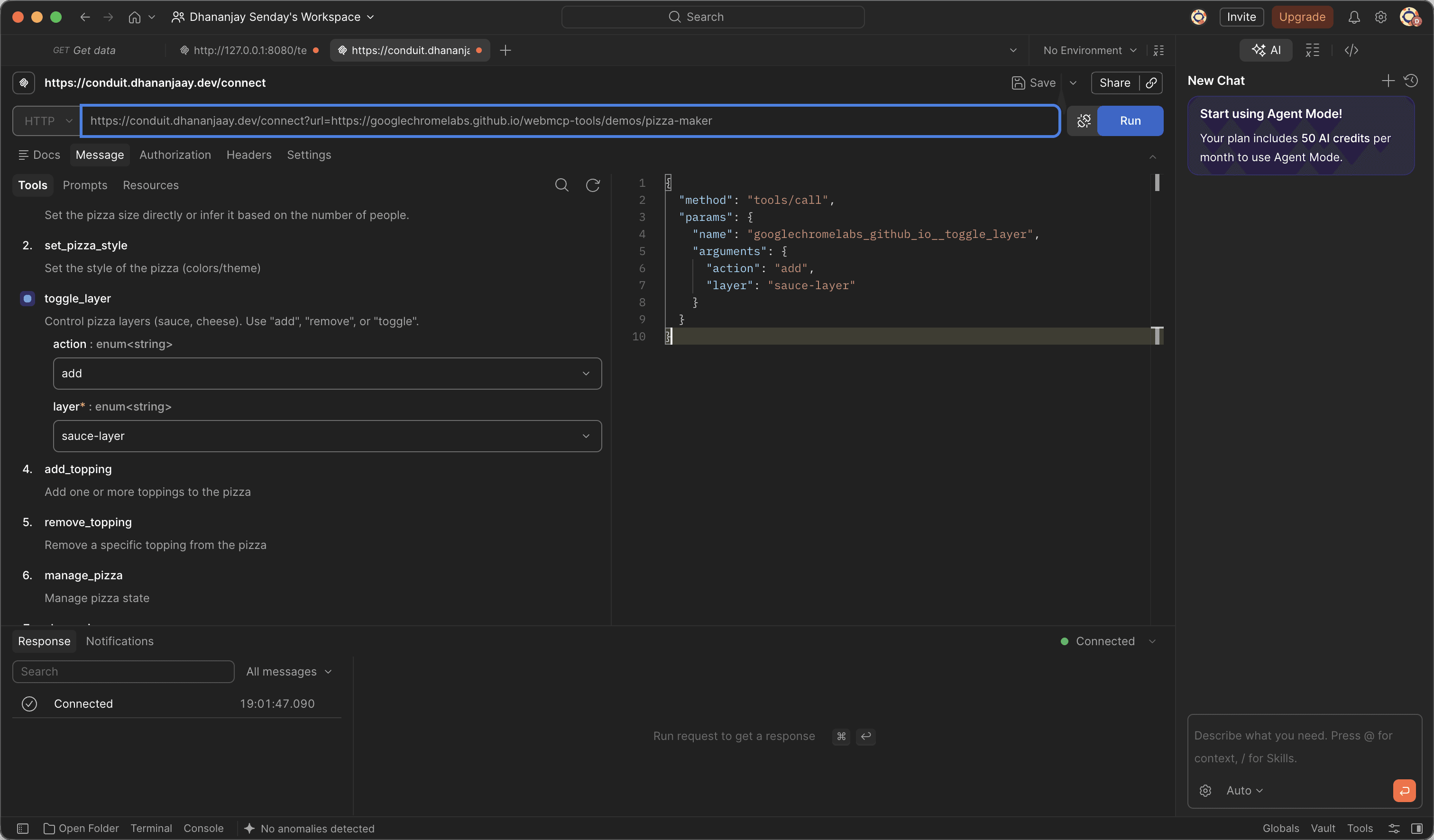 Postman connected to conduit over HTTP, listing the pizza demo's WebMCP tools and composing a tools/call request